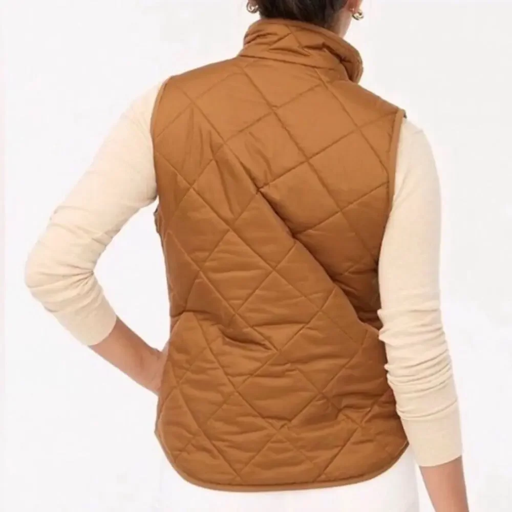 NEW J CREW COFFEE PUFFER QUILTED Zip Front Snap Pockets High Mock Neck SZ MED